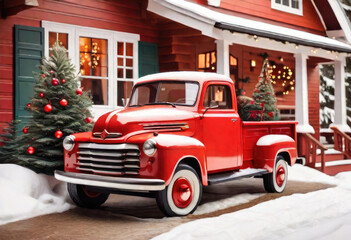 A red retro Christmas truck with gifts and a Christmas tree in the back near a decorated house in winter with snow. A holiday card for Christmas and New Year.