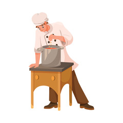 Man Chef Character in Uniform Dressing Soup in Restaurant Cooking Meal Vector Illustration