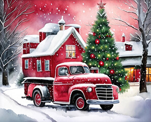 A red retro Christmas truck with gifts and a Christmas tree in the back near a decorated house in winter with snow. A holiday card for Christmas and New Year.