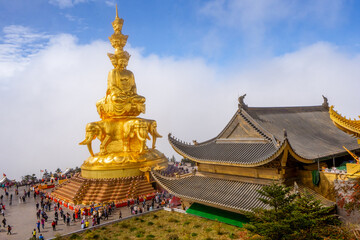 Mount Emei , Emeishan sacred Buddhist Mountains in Leshan during morning at Leshan Sichuan , China : 15 October 2023 - obrazy, fototapety, plakaty