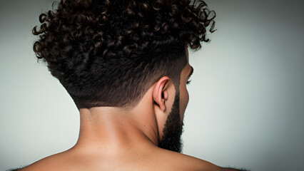 Man with curly hairstyle on studio background