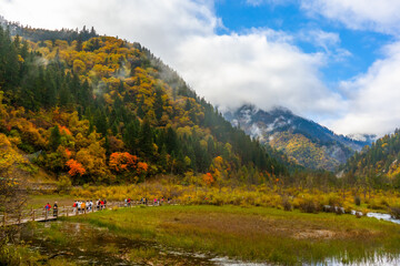 Jiuzhaigou , Unesco nature reserve and national park during autumn in Ngawa Tibetan and Qiang in...
