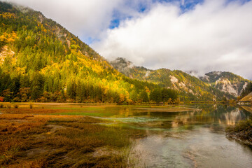 Jiuzhaigou , Unesco nature reserve and national park during autumn in Ngawa Tibetan and Qiang in Sichuan , China : 17 October 2023