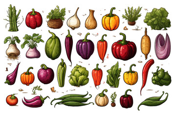 Set of drawings of vegetables and fruits on a white background.