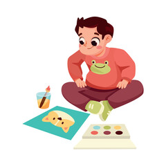 Creative Boy on the Floor Color Painting Engaged in Workshop Activity Vector Illustration