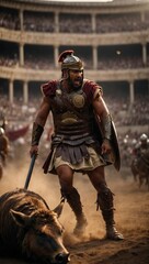 a Roman gladiator fight with a Boar in arena, 8K Well Detailed, Generative AI