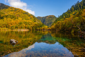 Jiuzhaigou and Five Flower Lake , Unesco national park during autumn in Ngawa Tibetan and Qiang in...