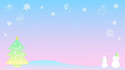 Winter landscape with Christmas tree, background frame, retro pastel color hand drawn cute illustration / クリスマスツリーのある冬の風景、背景フレーム、レトロなパステルカラー手描きのかわいいイラスト