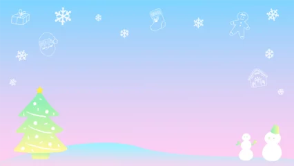 Fotobehang Winter landscape with Christmas tree, background frame, retro pastel color hand drawn cute illustration / クリスマスツリーのある冬の風景、背景フレーム、レトロなパステルカラー手描きのかわいいイラスト © minana