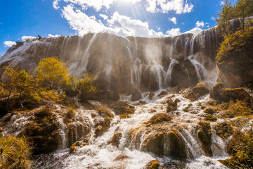 Jiuzhaigou national park and Pearl Shoal Waterfalls during autumn in Ngawa Tibetan and Qiang in Sichuan , China : 17 October 2023.
