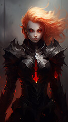 3d illustration of a fantasy alien girl with red hair in black armor