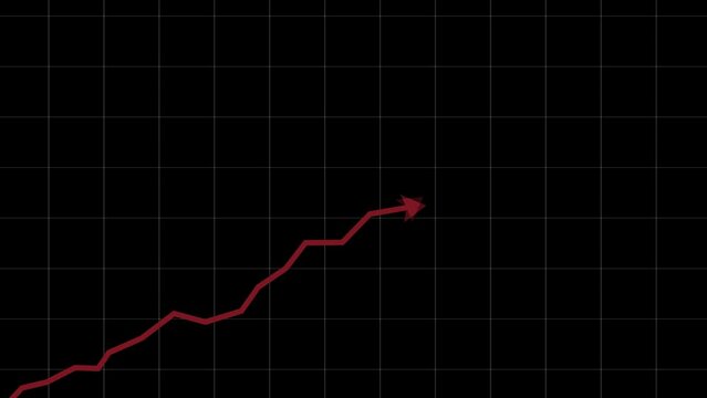 Animation of red arrow up trend in market, arrow going up rising, black background