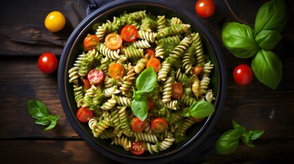 Fusilli pasta salad with pesto genovese, colorful tomatoes and basil leaves on dark wooden background top view. Italian cuisine. Delicious meal.