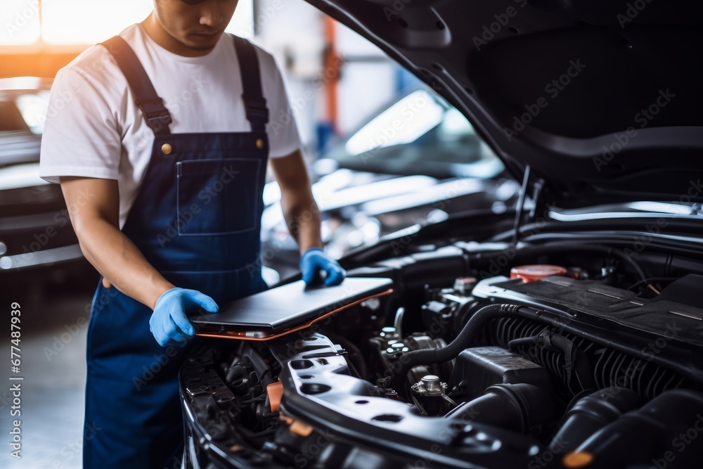 Wall mural car mechanic holding clipboard and checking to maintenance vehicle by customer claim order in auto r