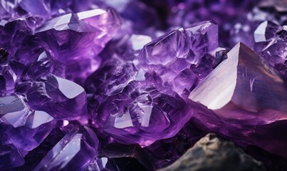 a close-up of vibrant purple quartz crystals. The crystals' sharp points and edges are intricately detailed, and their translucent nature allows light to pass through, highlighting their depth and ric