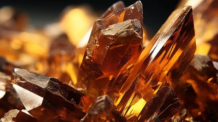 Foto op Aluminium a close-up of brown quartz crystals with a deep amber hue. The crystals have sharp edges and clear facets that reflect the light, creating a sparkling effect © lionqcathy
