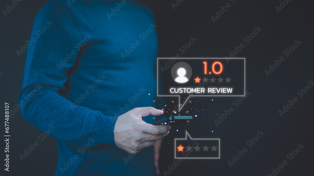 Aufkleber customer review and feedback with one star on virtual screen. assessment testimonial review for disl