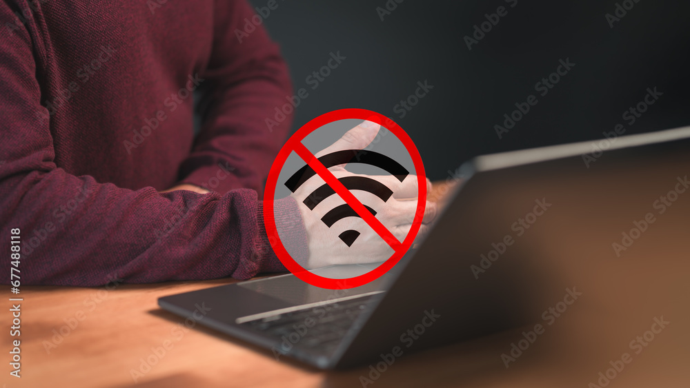 Poster Technology concept of wifi connected but no internet. Man using a laptop computer to connect to wifi but wifi not connected or password is incorrect and waiting to loading digital data form website.