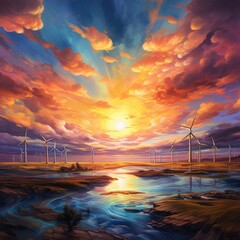 wind turbines at sunset