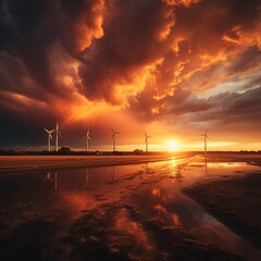 wind turbines at sunset
