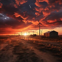 wind turbines at sunset