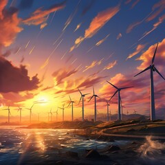 wind turbines at sunset