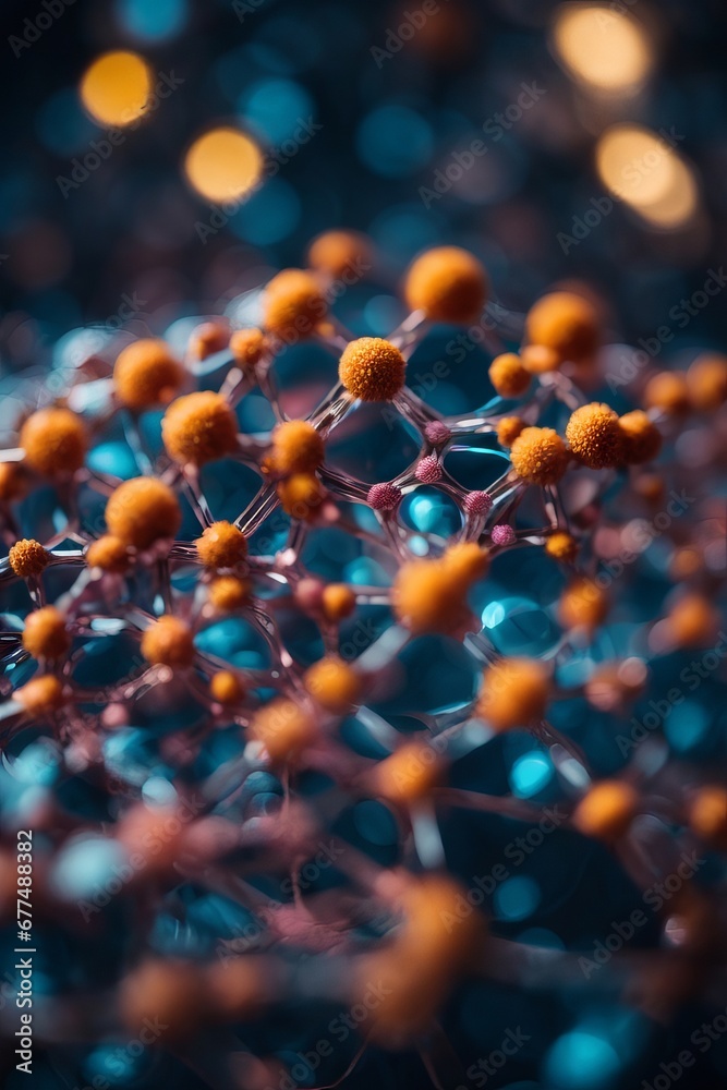 Poster abstract molecule structure with atoms on dark blue background. macro photo of a chemical substance