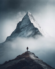 Man standing on the top of a mountain and looking at the peak