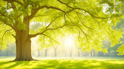 Out of focus oak tree in forest or park with fallen leaves and sunlight. Beautiful spring summer nature background