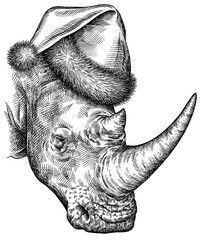 Vintage engraving isolated rhinoceros set  dressed christmas illustration ink santa costume sketch. Africa background rhino silhouette new year hat art. Black and white hand drawn image © Turaev