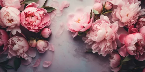 Foto op Aluminium flat lay, pink peony flowers on a pink background with space for text. feminine design, flower wall. © Татьяна Гончарук