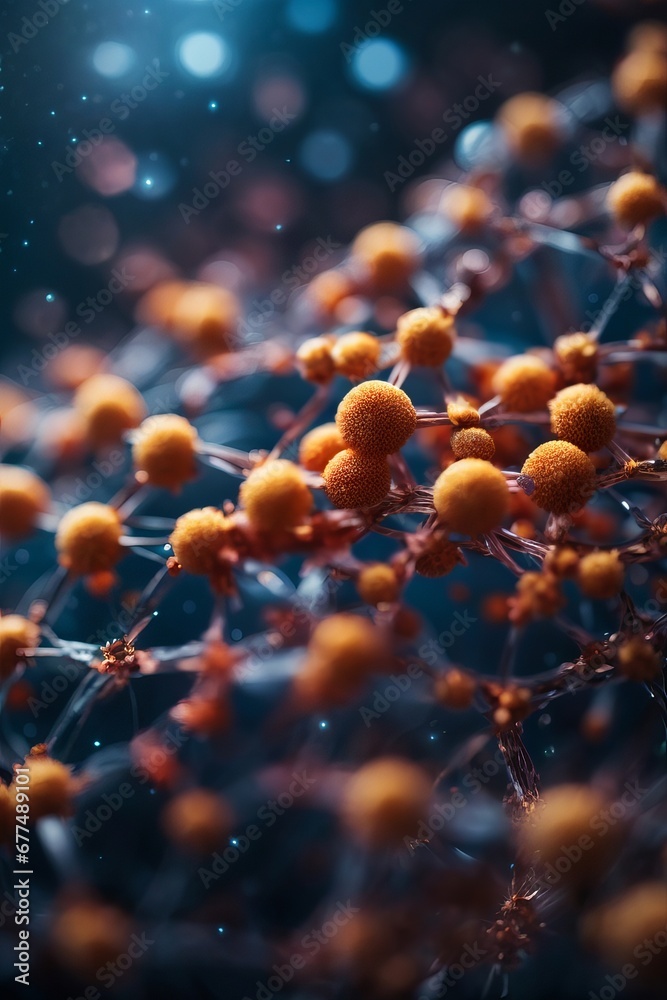 Poster abstract structure molecules with orange atoms on a dark blue background