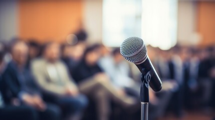 Pulblic speaking concept. A microphone over the blurred photo of classroom, conference hall, or seminar room with attendees. - obrazy, fototapety, plakaty