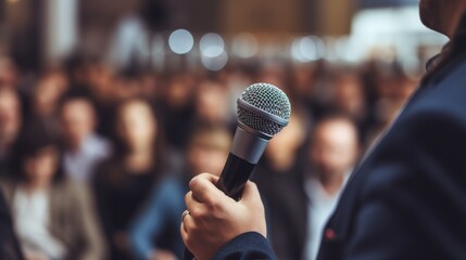 Pulblic speaking concept. A man's hand holds on a microphone over the blurred photo of classroom, conference hall, or seminar room with attendees.