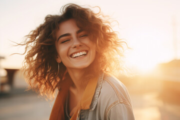 a beautiful young woman wearing a denim jacket and smiling towards the sun, taken in the sweet pastel colors of the sunset