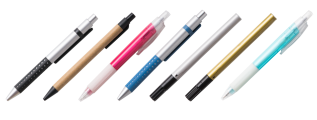 Set of colorful pens and markers laid out side by side, isolated on white background. Office stationery, school writing supplies