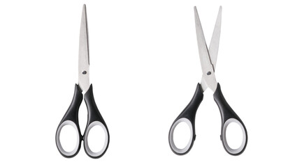 Top view of open and closed scissors isolated on white background. Real photography of office scissors, stainless steel blades and black white handle. - obrazy, fototapety, plakaty