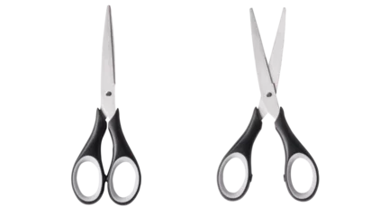 Fotobehang Top view of open and closed scissors isolated on white background. Real photography of office scissors, stainless steel blades and black white handle. © Halfpoint