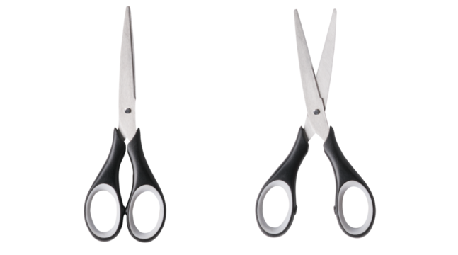 Top view of open and closed scissors isolated on white background. Real photography of office scissors, stainless steel blades and black white handle.