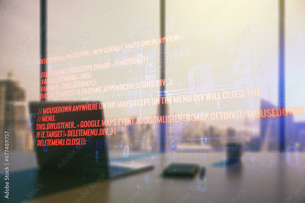 Poster abstract creative coding concept and modern desktop with computer on background. multiexposure