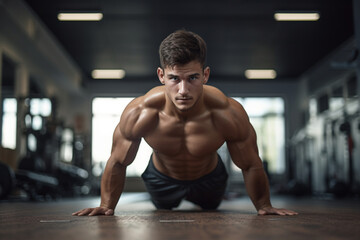 A young male athlete doing push-ups in the gym - obrazy, fototapety, plakaty