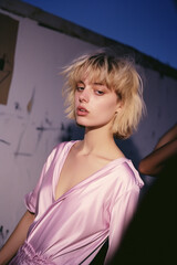 Fototapeta premium Portrait of a beautiful girl with blond hair in a pink dress.