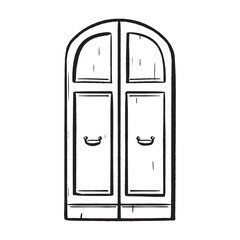 Hand-drawn ink vector. Italian wooden door with elegant wrought iron handles. Facade ornamentation. Closed entrance. Double oak doors. for logos sketches and exterior elements of homes and buildings