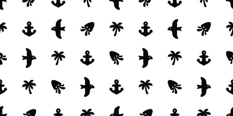Anchor seamless pattern palm tree squid bird vector helm seagull pirate maritime Nautical sea ocean gift wrapping paper tile background repeat wallpaper illustration design scarf isolated