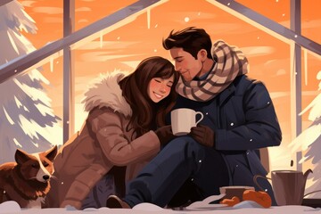 Obraz na płótnie Canvas Cozy Moments: Indoor shots of people by a warm fire, sipping hot cocoa, or wrapped in blankets to convey the cozy feeling of winter. - Generative AI