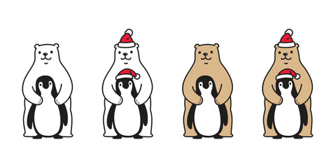 Bear polar christmas penguin santa claus hat icon bird vector pet cartoon character symbol tattoo stamp illustration isolated clip art design