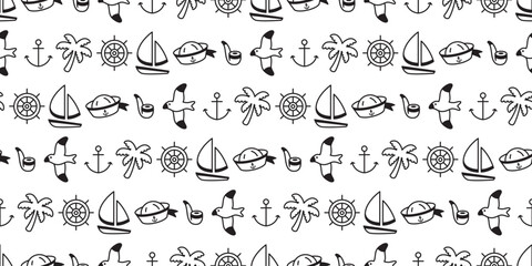 Anchor seamless pattern boat sailor palm tree squid bird vector helm seagull pirate maritime Nautical sea ocean gift wrapping paper tile background repeat wallpaper illustration design scarf isolated