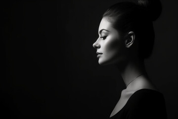 beautiful female portrait side profile view on dark background, black and white