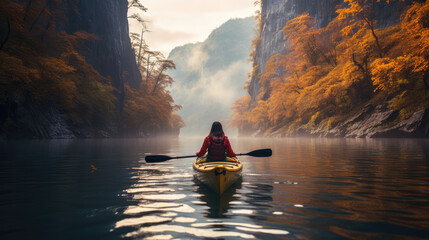Naklejka premium A woman paddles a kayak on a river in the middle of a valley