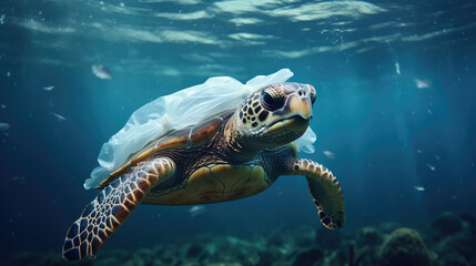 Turtle under the sea next to a plastic bag